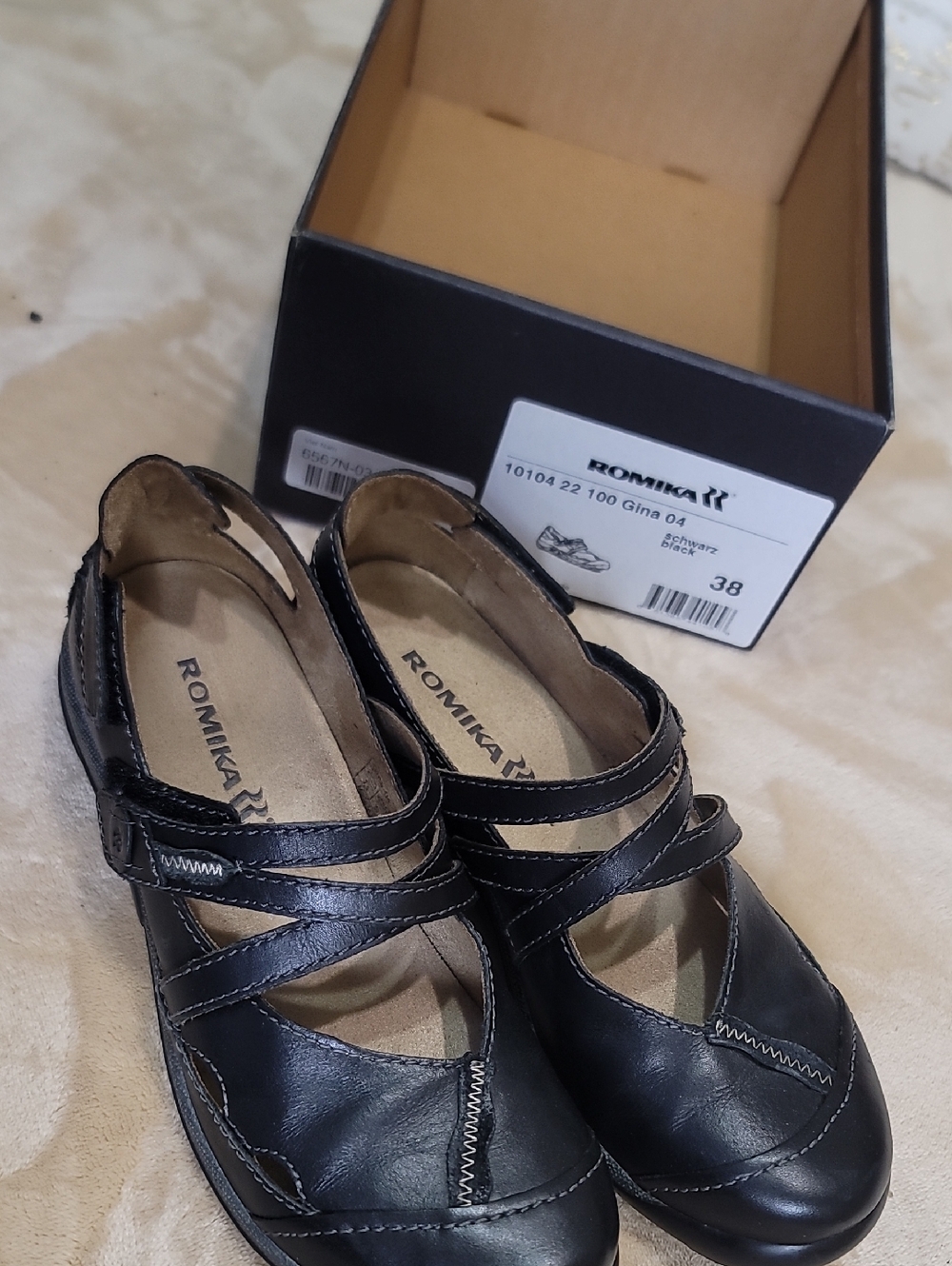 Romika Black Leather Crossover Strap Flats